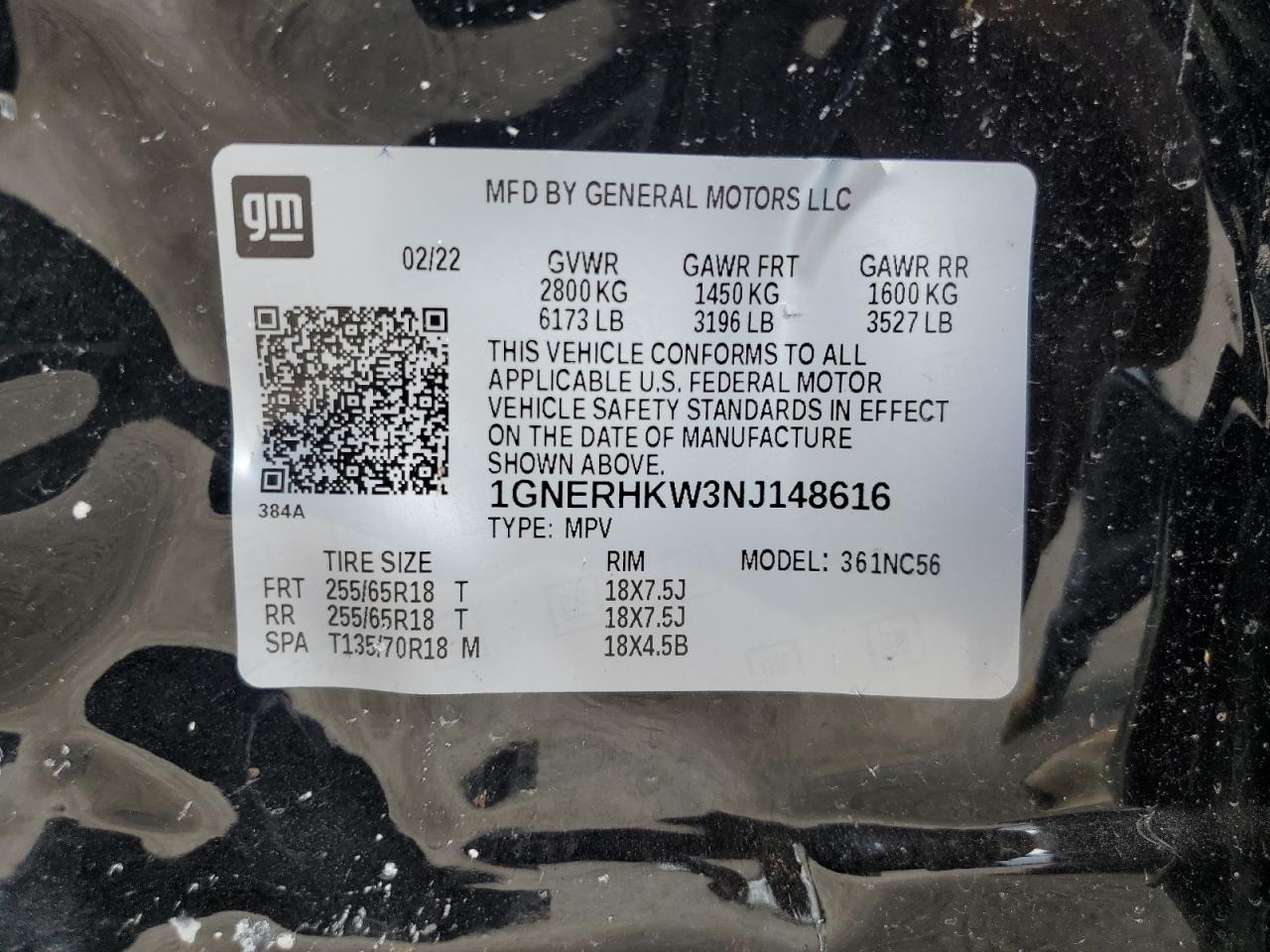 2022 CHEVROLET TRAVERSE LT VIN:1GNERHKW3NJ148616