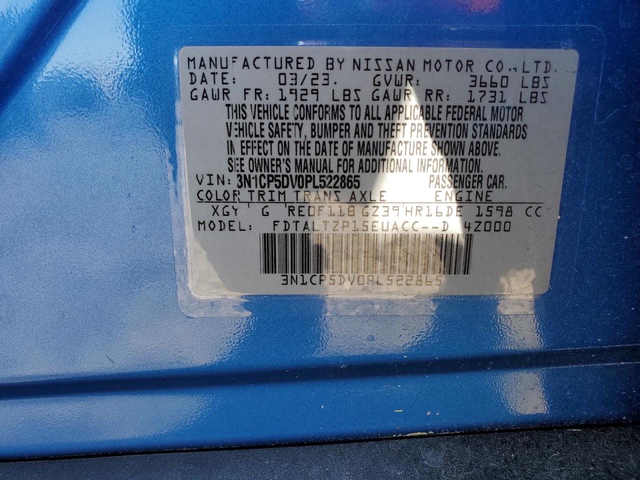 2023 NISSAN KICKS SR VIN:3N1CP5DV0PL522865