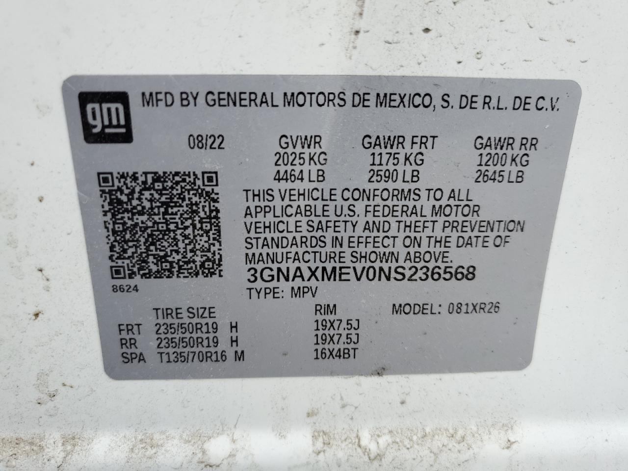 2022 CHEVROLET EQUINOX RS VIN:3GNAXMEV0NS236568