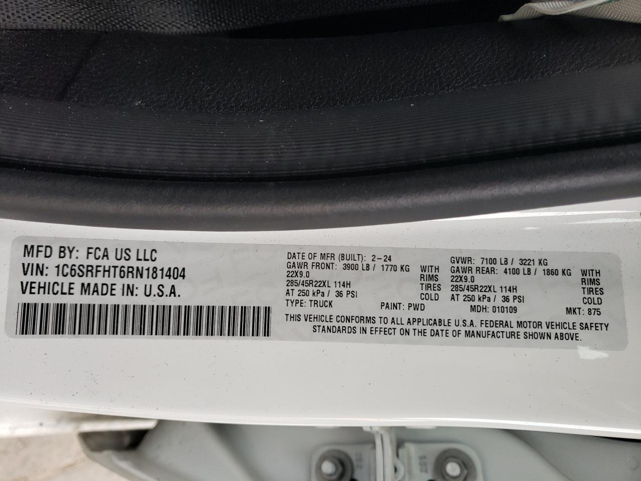 2024 RAM 1500 LIMITED VIN:1C6SRFHT6RN181404