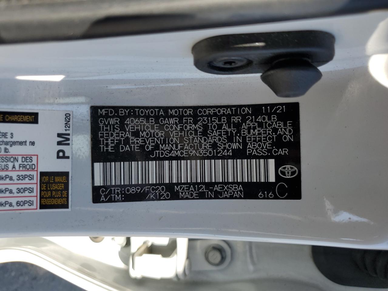 2022 TOYOTA COROLLA SE VIN:JTDS4MCE9N3501244