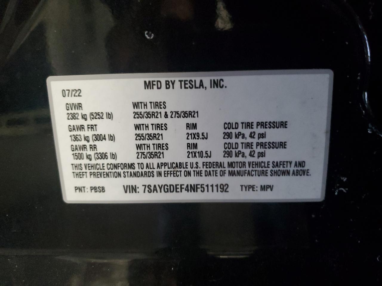 2022 TESLA MODEL Y  VIN:7SAYGDEF4NF511192