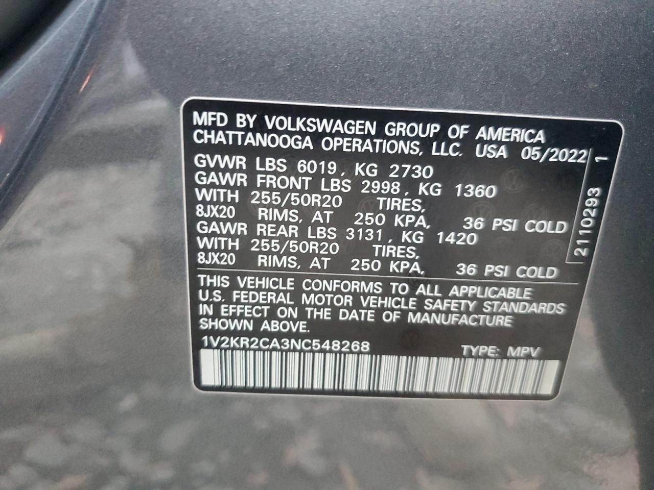 2022 VOLKSWAGEN ATLAS SE VIN:1V2KR2CA3NC548268