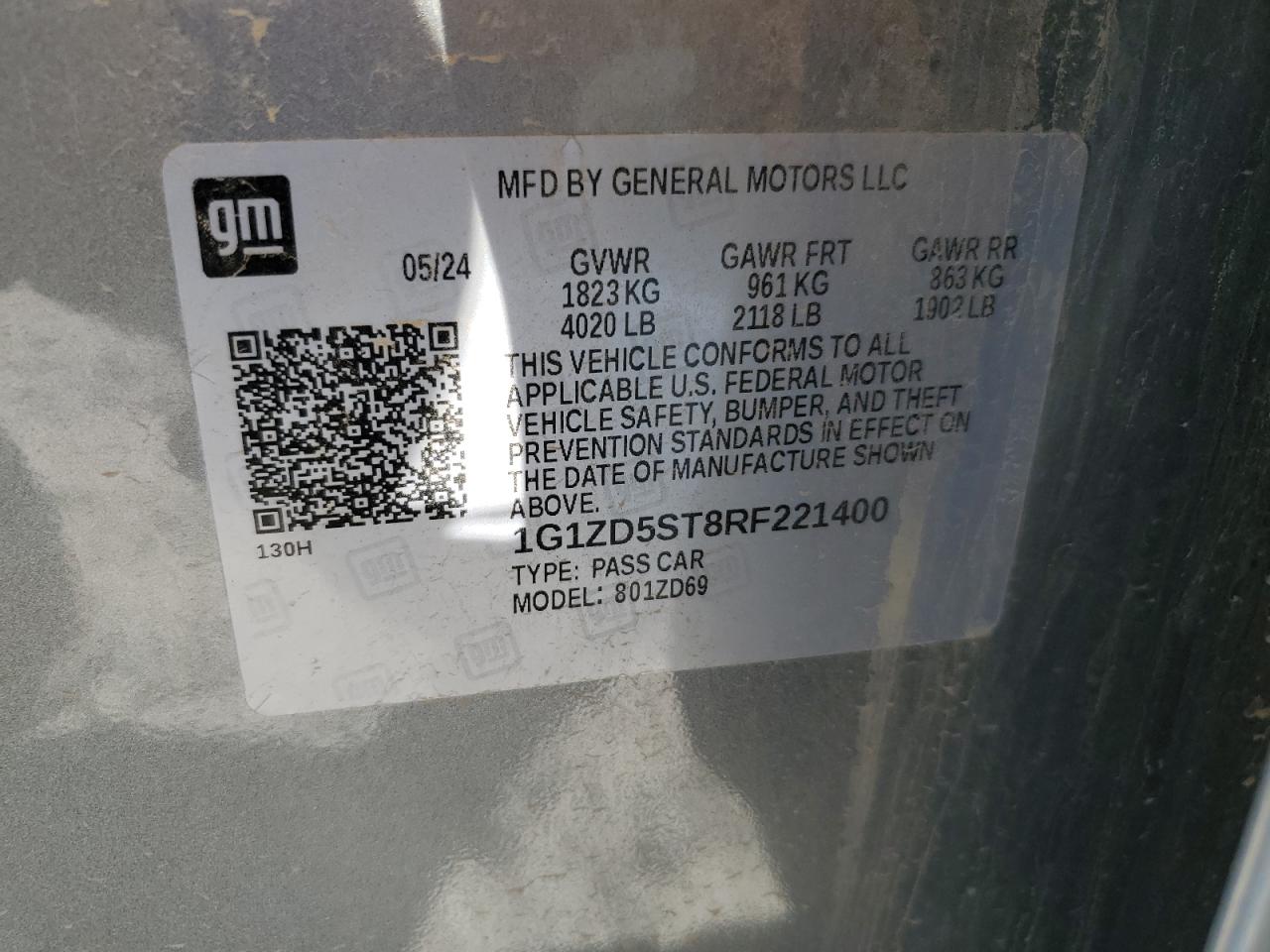 2024 CHEVROLET MALIBU LT VIN:1G1ZD5ST8RF221400