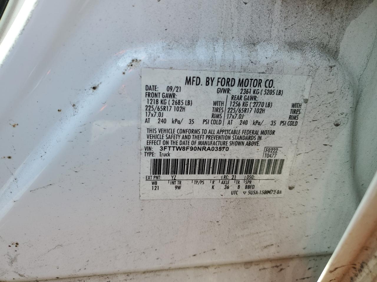 2022 FORD MAVERICK XL VIN:3FTTW8F90NRA03570