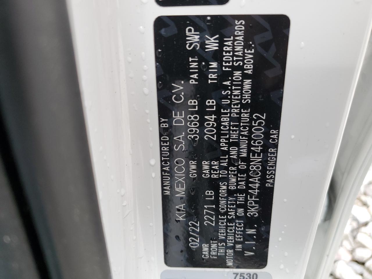 2022 KIA FORTE GT VIN:3KPF44AC8NE460052