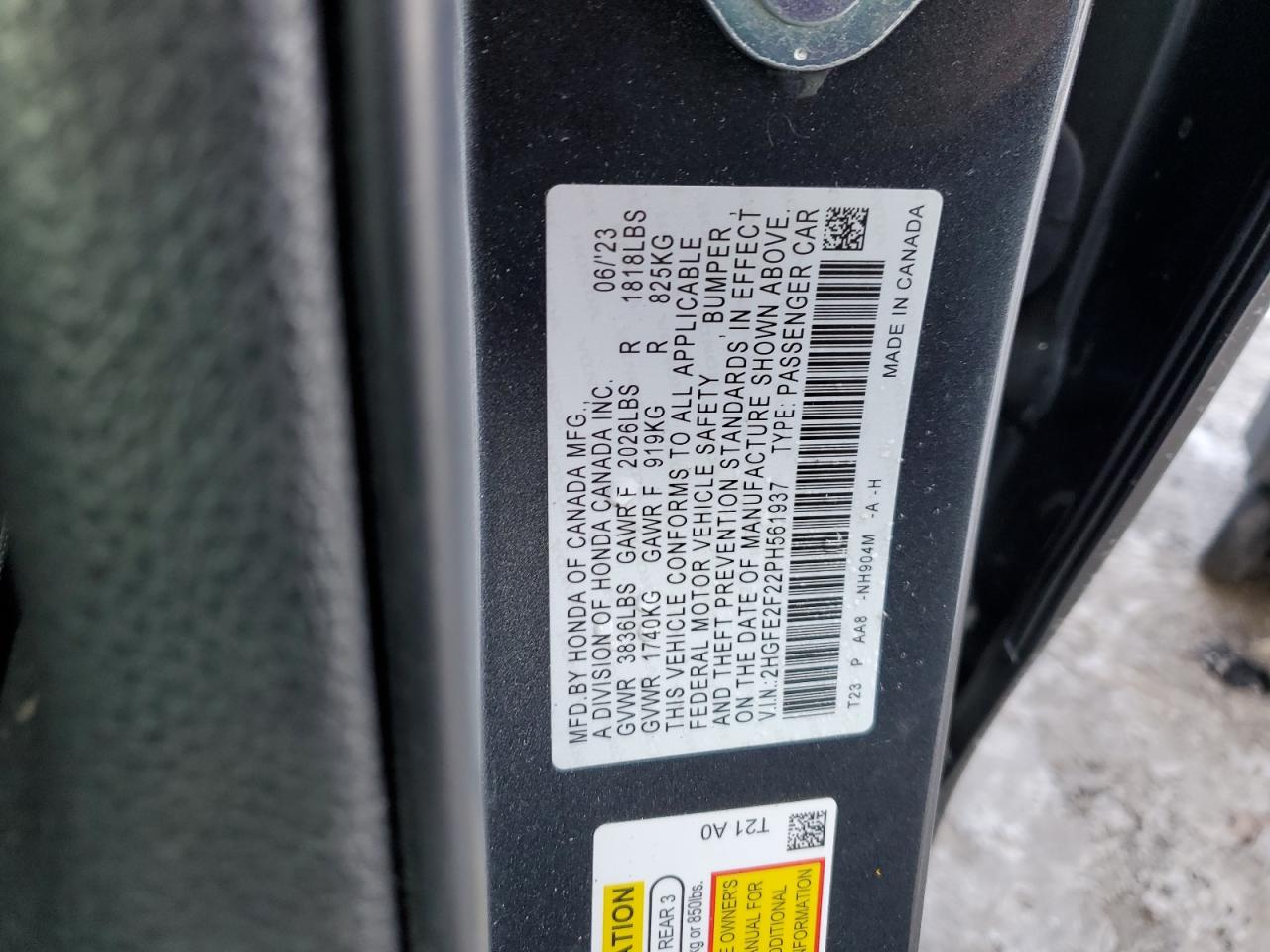 2023 HONDA CIVIC LX VIN:2HGFE2F22PH561937