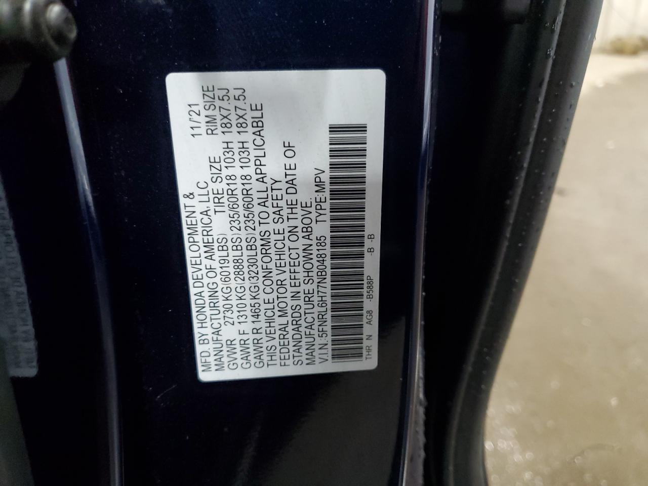2022 HONDA ODYSSEY EXL VIN:5FNRL6H77NB048185