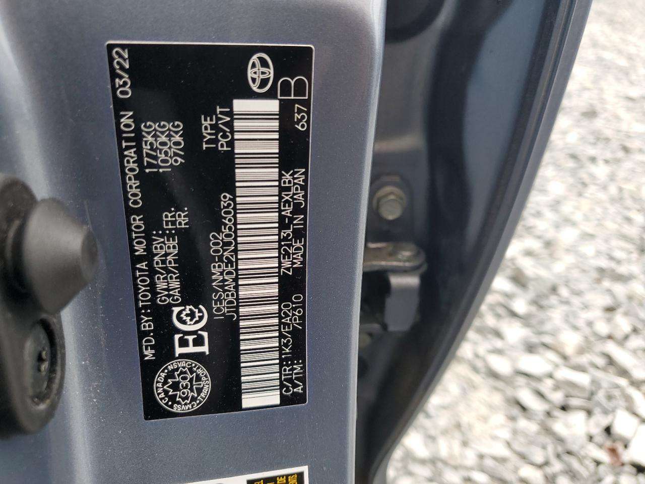 2022 TOYOTA COROLLA  VIN:JTDBAMDE2NJ056039