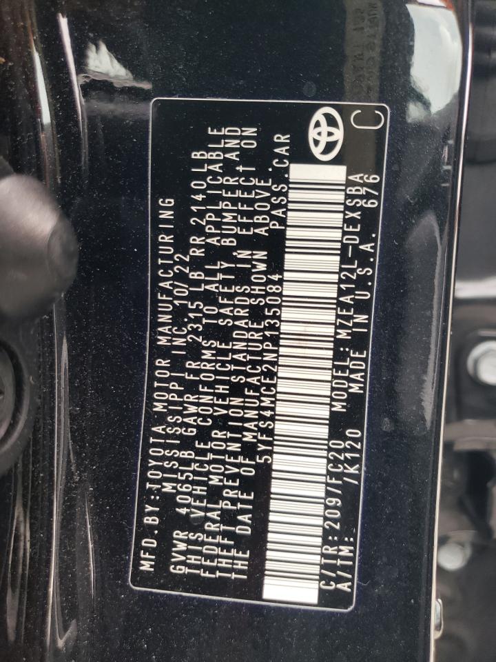 2022 TOYOTA COROLLA SE VIN:5YFS4MCE2NP135084