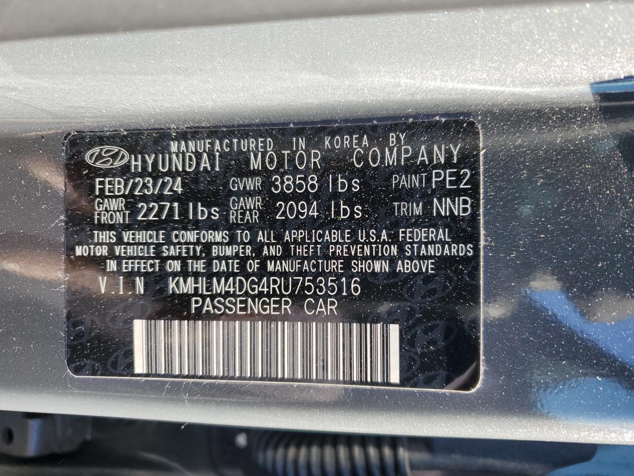 2024 HYUNDAI ELANTRA SEL VIN:KMHLM4DG4RU753516