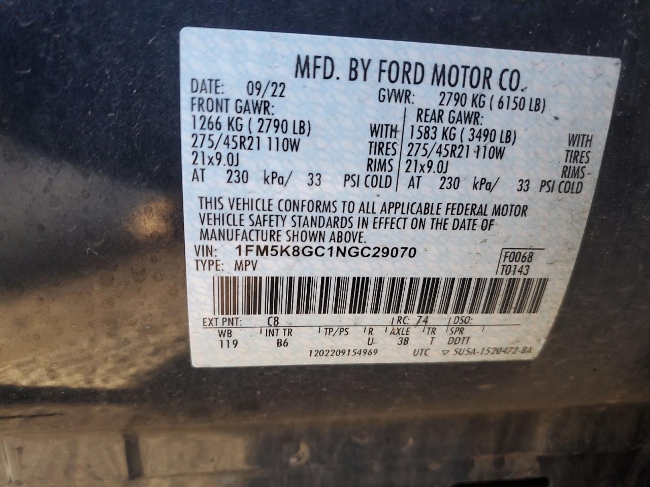 2022 FORD EXPLORER ST VIN:1FM5K8GC1NGC29070