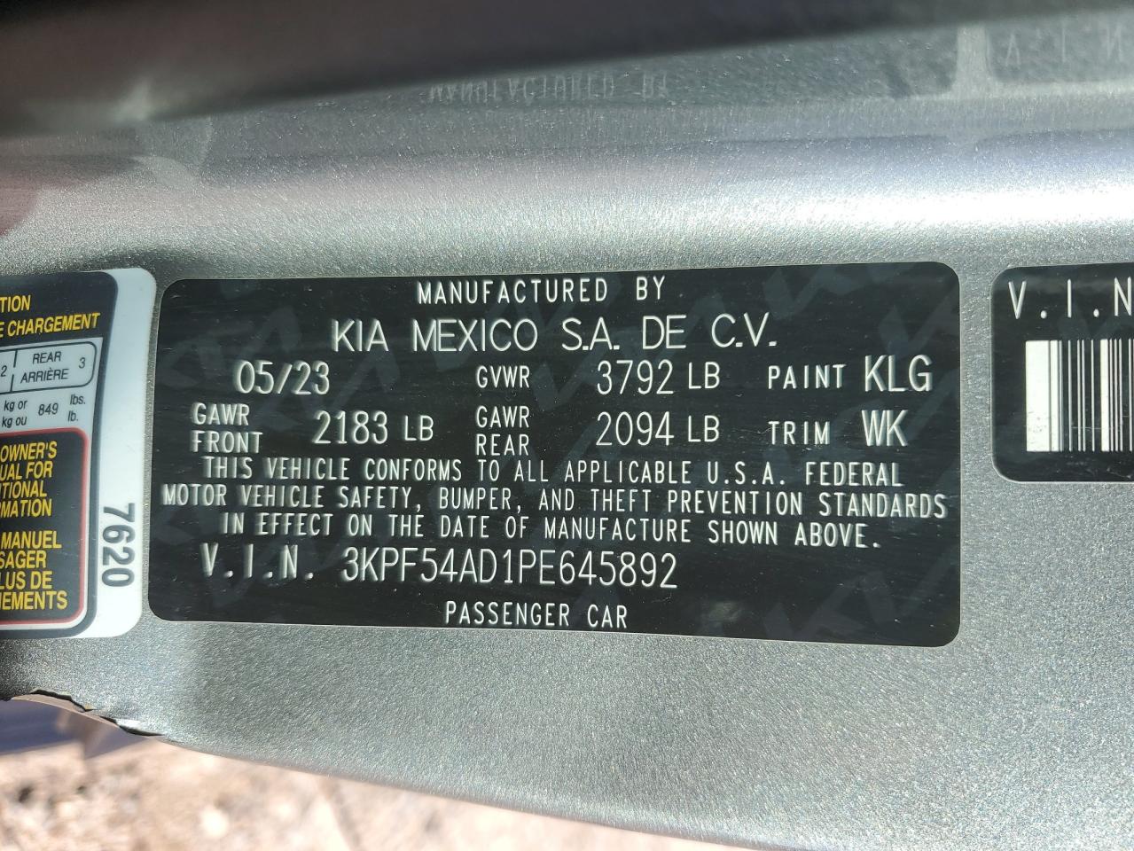 2023 KIA FORTE GT LINE VIN:3KPF54AD1PE645892
