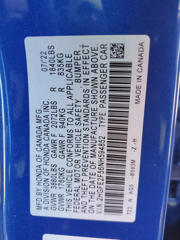 2022 HONDA CIVIC SPORT VIN:2HGFE2F56NH594852