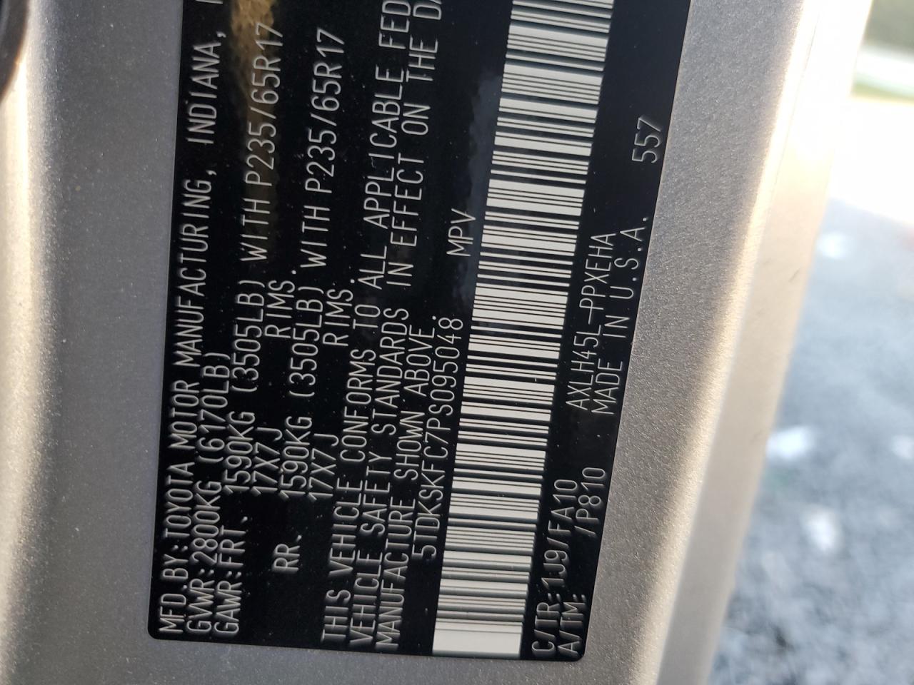 2023 TOYOTA SIENNA LE VIN:5TDKSKFC7PS095048