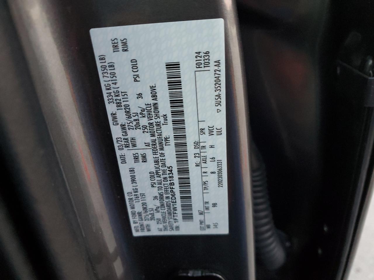 2023 FORD F150 SUPERCREW VIN:1FTFW1ED6PFB18345