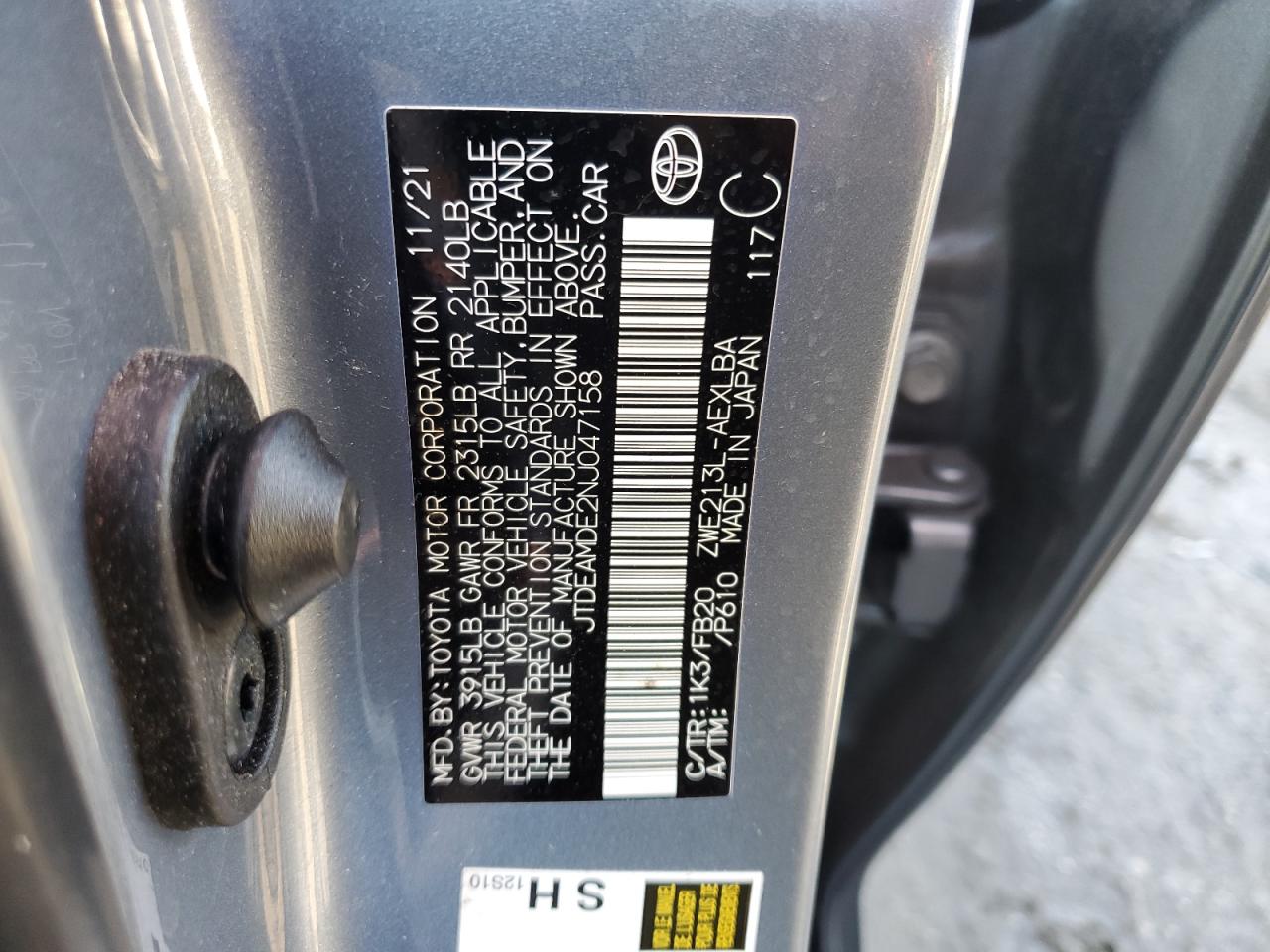 2022 TOYOTA COROLLA LE VIN:JTDEAMDE2NJ047158