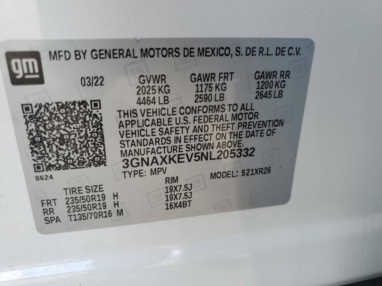 2022 CHEVROLET EQUINOX LT VIN:3GNAXKEV5NL205332