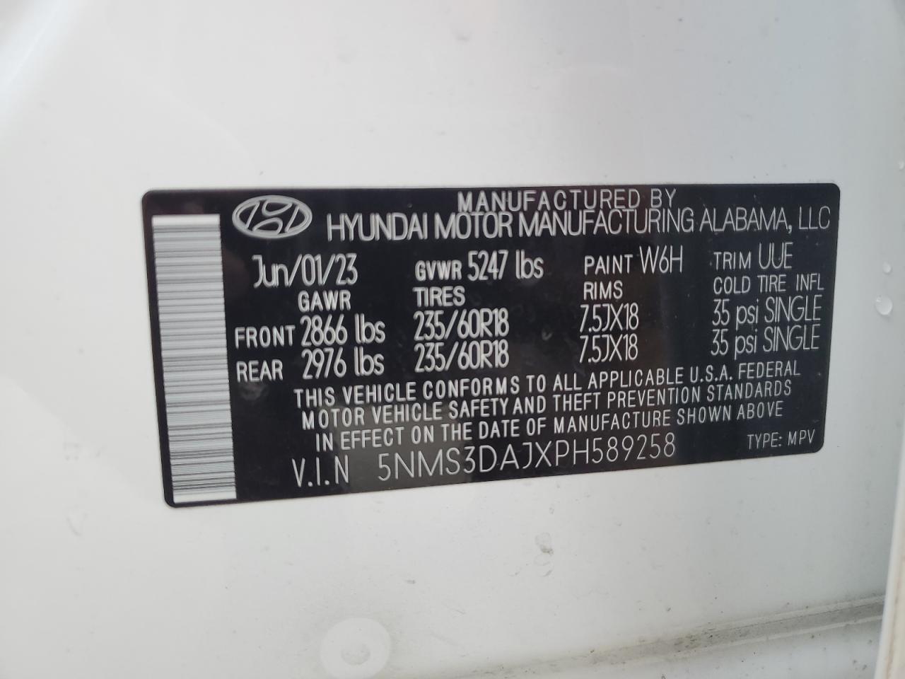 2023 HYUNDAI SANTA FE SEL PREMIUM VIN:5NMS3DAJXPH589258