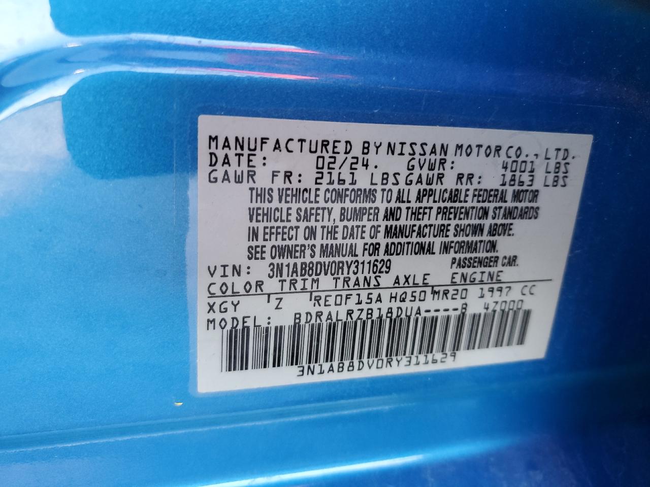 2024 NISSAN SENTRA SR VIN:3N1AB8DV0RY311629