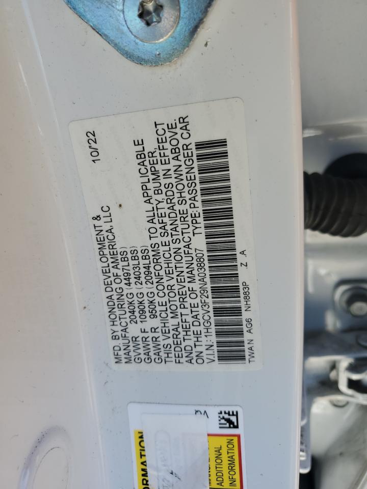 2022 HONDA ACCORD HYBRID SPORT VIN:1HGCV3F29NA038807