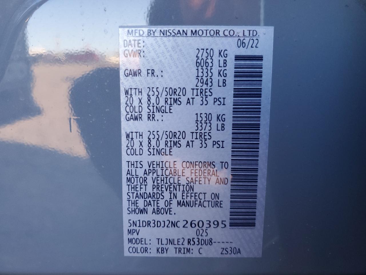 2022 NISSAN PATHFINDER PLATINUM VIN:5N1DR3DJ2NC260395
