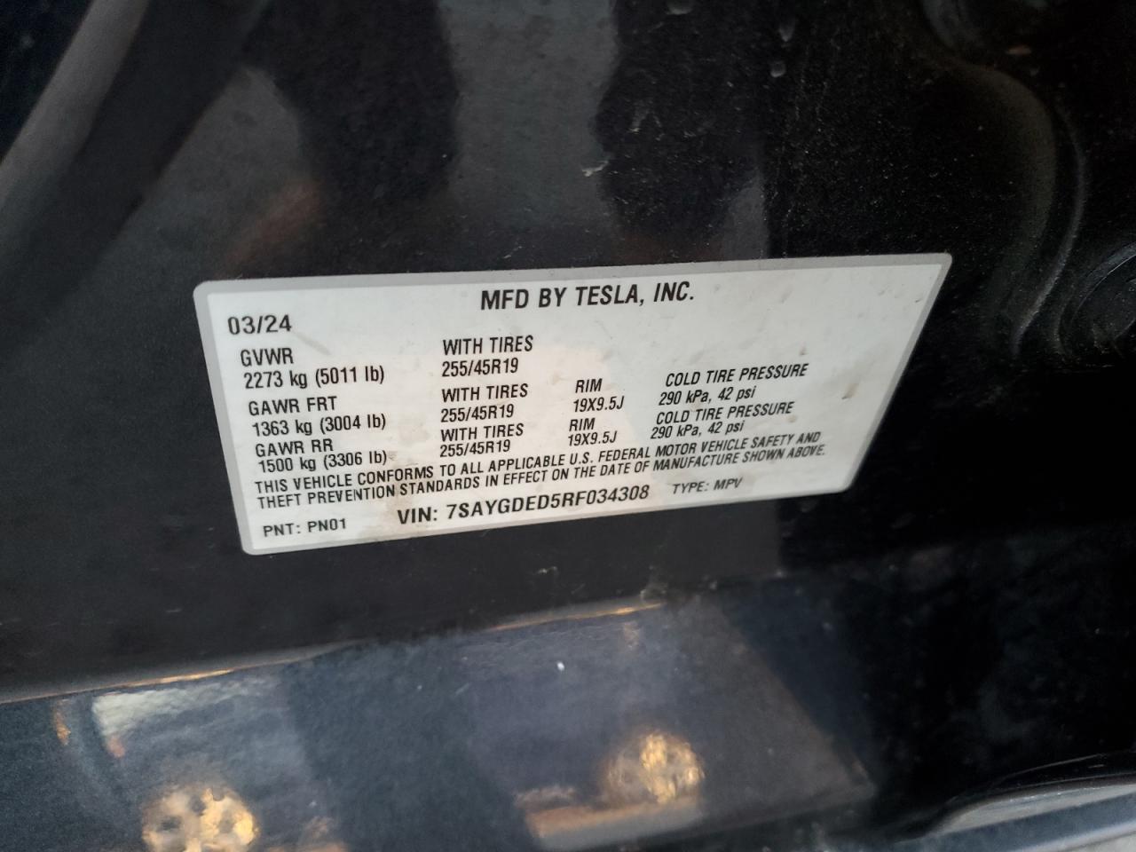 2024 TESLA MODEL Y  VIN:7SAYGDED5RF034308