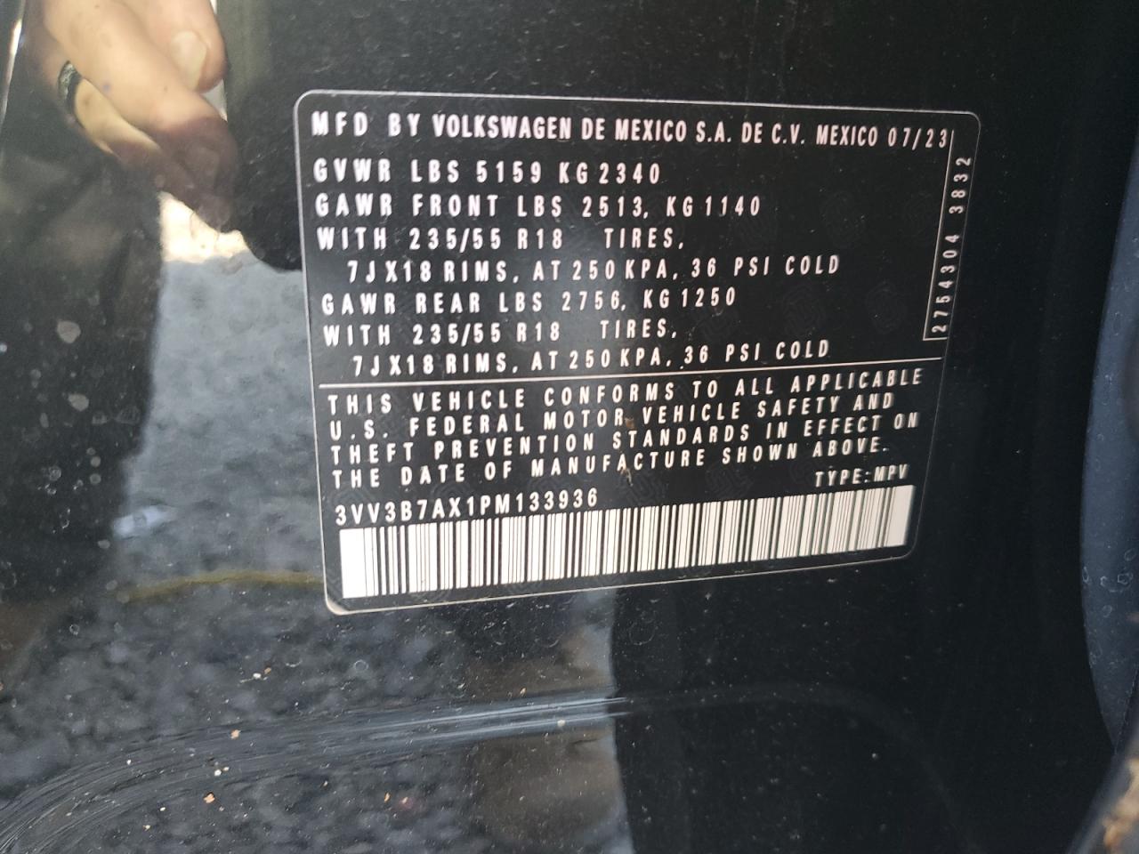 2023 VOLKSWAGEN TIGUAN SE VIN:3VV3B7AX1PM133936