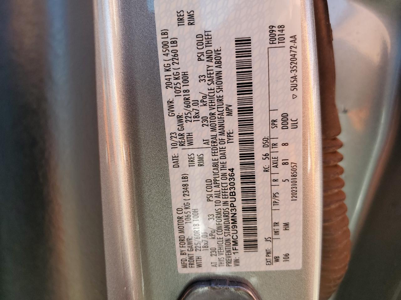 2023 FORD ESCAPE ST LINE VIN:1FMCU9MN3PUB30364