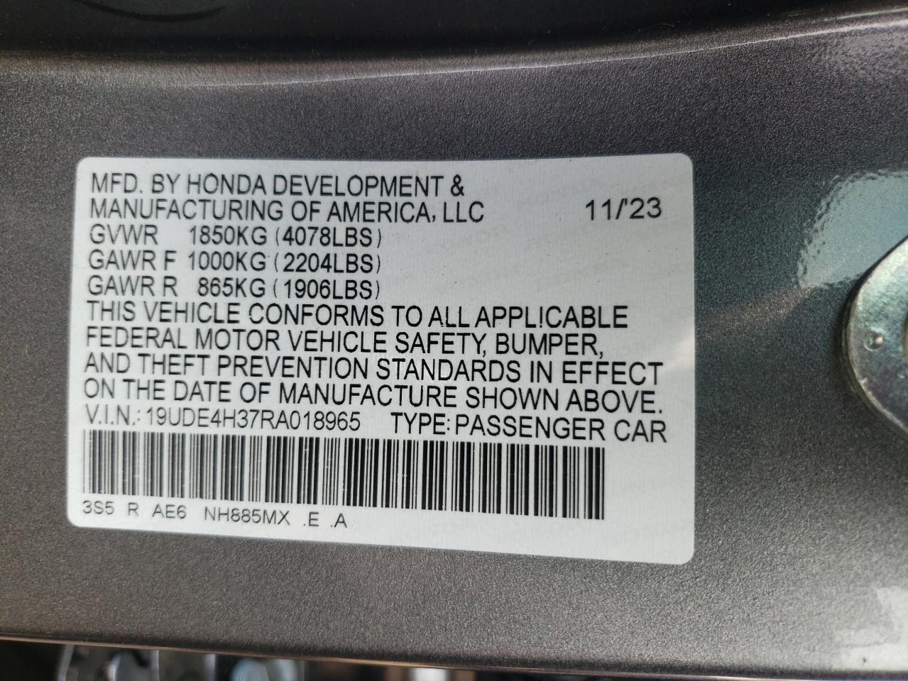 2024 ACURA INTEGRA A-SPEC VIN:19UDE4H37RA018965