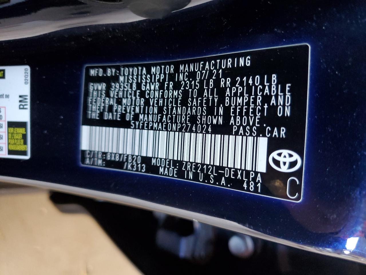 2022 TOYOTA COROLLA LE VIN:5YFEPMAE0NP274024