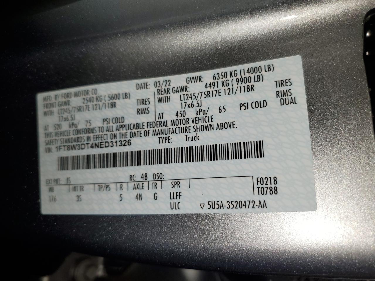 2022 FORD F350 SUPER DUTY VIN:1FT8W3DT4NED31326