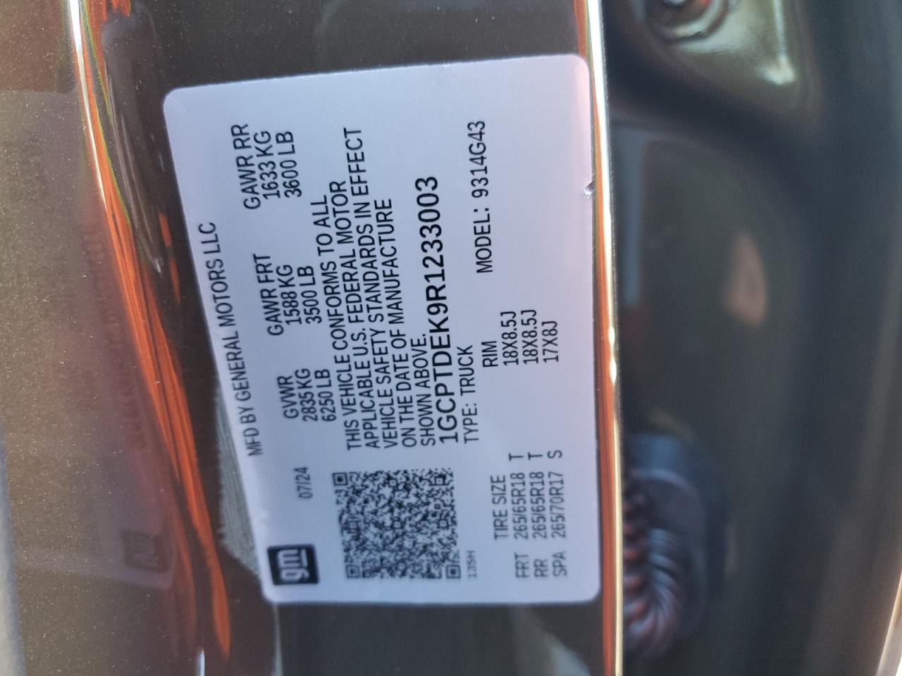 2024 CHEVROLET COLORADO Z71 VIN:1GCPTDEK9R1233003