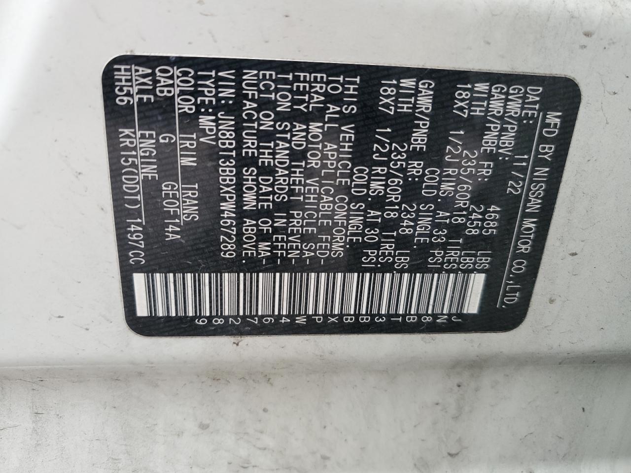2023 NISSAN ROGUE SV VIN:JN8BT3BBXPW467289