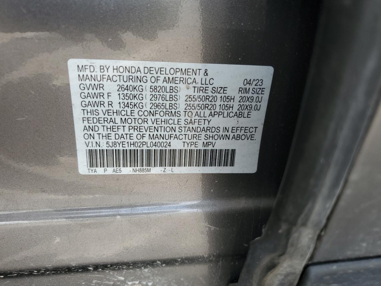 2023 ACURA MDX A-SPEC VIN:5J8YE1H02PL040024