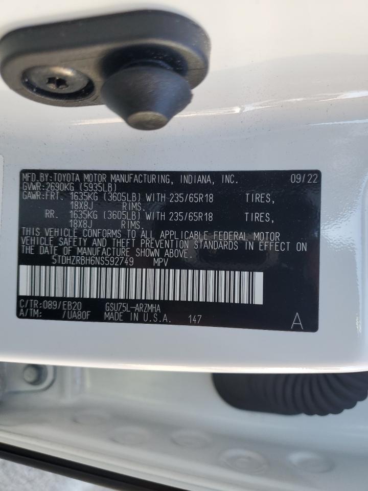 2022 TOYOTA HIGHLANDER XLE VIN:5TDHZRBH6NS592749