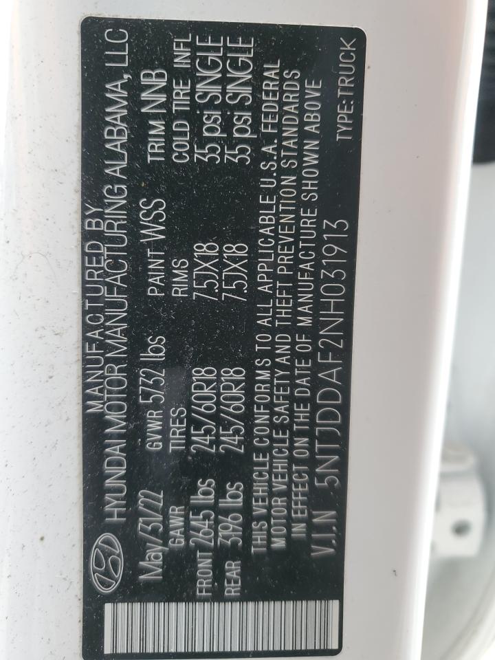 2022 HYUNDAI SANTA CRUZ SEL PREMIUM VIN:5NTJDDAF2NH031913