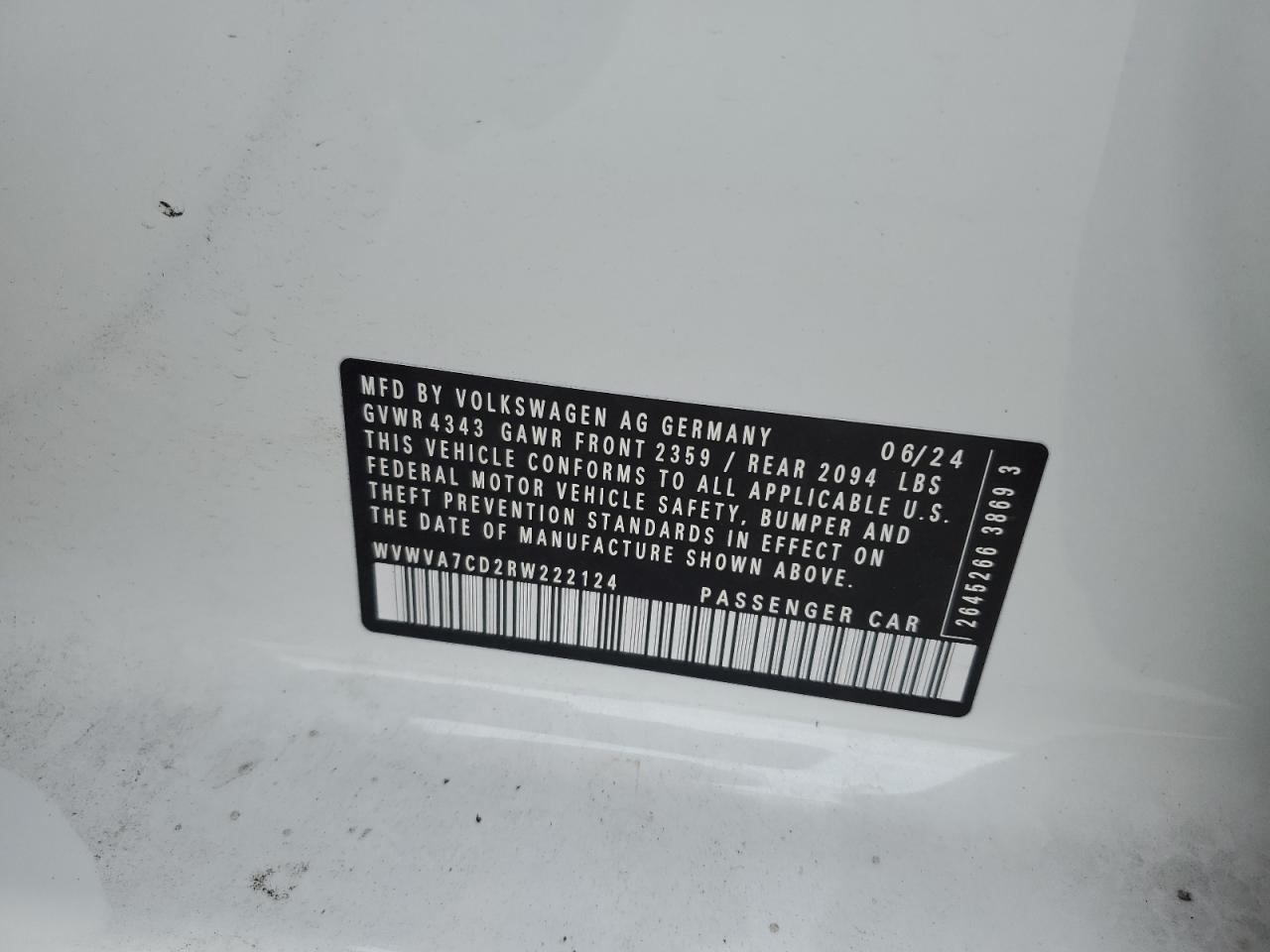 2024 VOLKSWAGEN GTI AUTOBAHN VIN:WVWVA7CD2RW222124