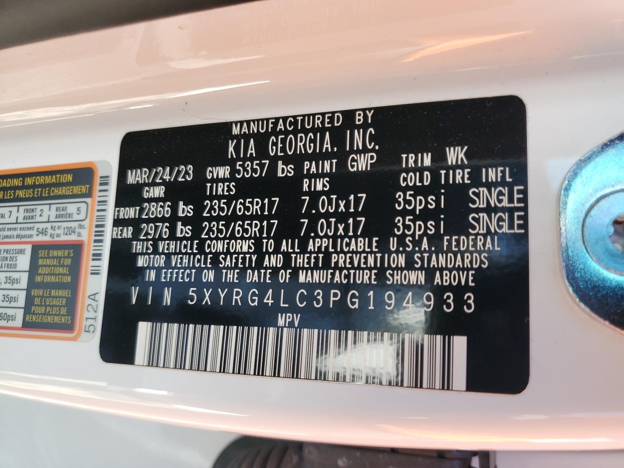 2023 KIA SORENTO LX VIN:5XYRG4LC3PG194933