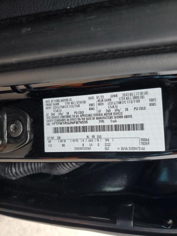 2022 FORD F150 RAPTOR VIN:1FTFW1RG2NFB76535