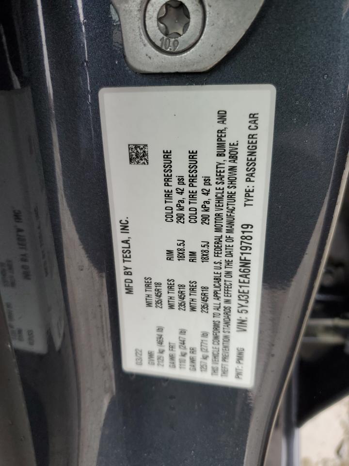 2022 TESLA MODEL 3  VIN:5YJ3E1EA6NF197819