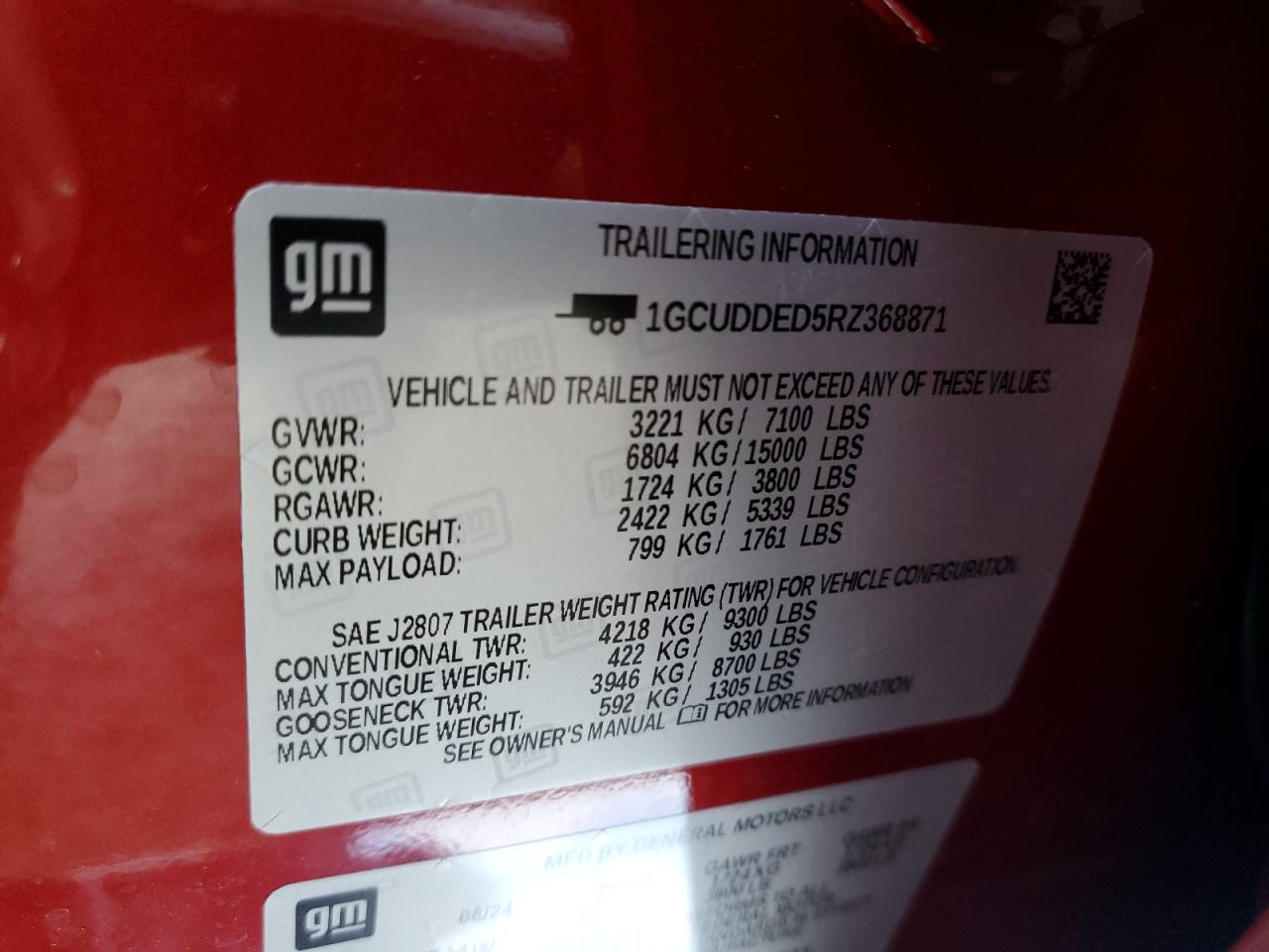 2024 CHEVROLET SILVERADO K1500 LT VIN:1GCUDDED5RZ368871