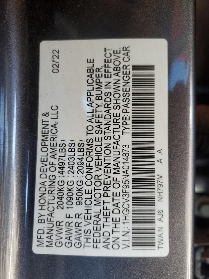 2022 HONDA ACCORD TOURING HYBRID VIN:1HGCV3F95NA014873