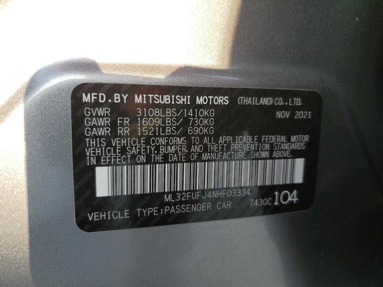 2022 MITSUBISHI MIRAGE G4 ES VIN:ML32FUFJ4NHF03334