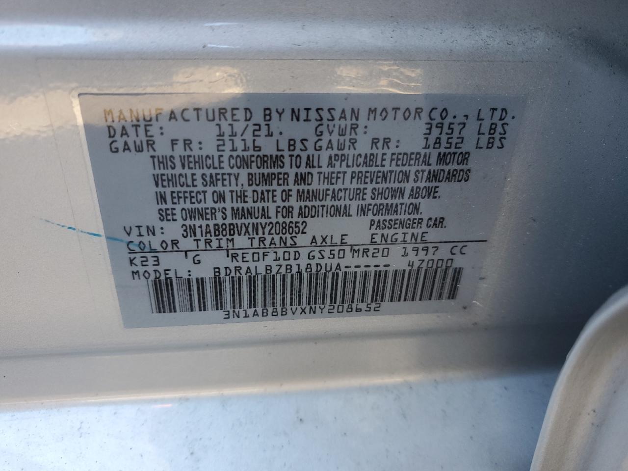 2022 NISSAN SENTRA S VIN:3N1AB8BVXNY208652