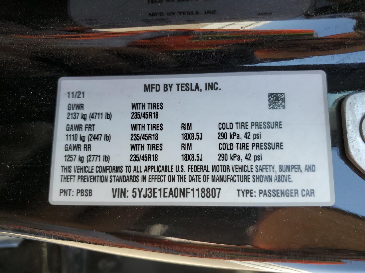 2022 TESLA MODEL 3  VIN:5YJ3E1EA0NF118807