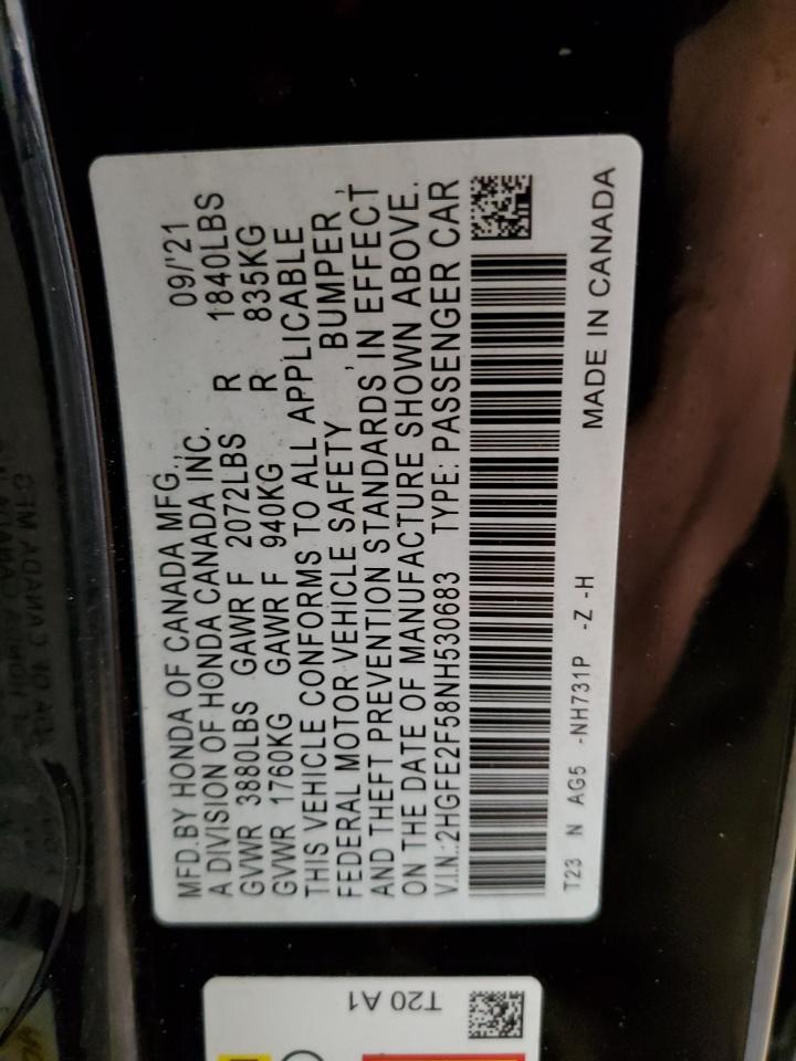 2022 HONDA CIVIC SPORT VIN:2HGFE2F58NH530683