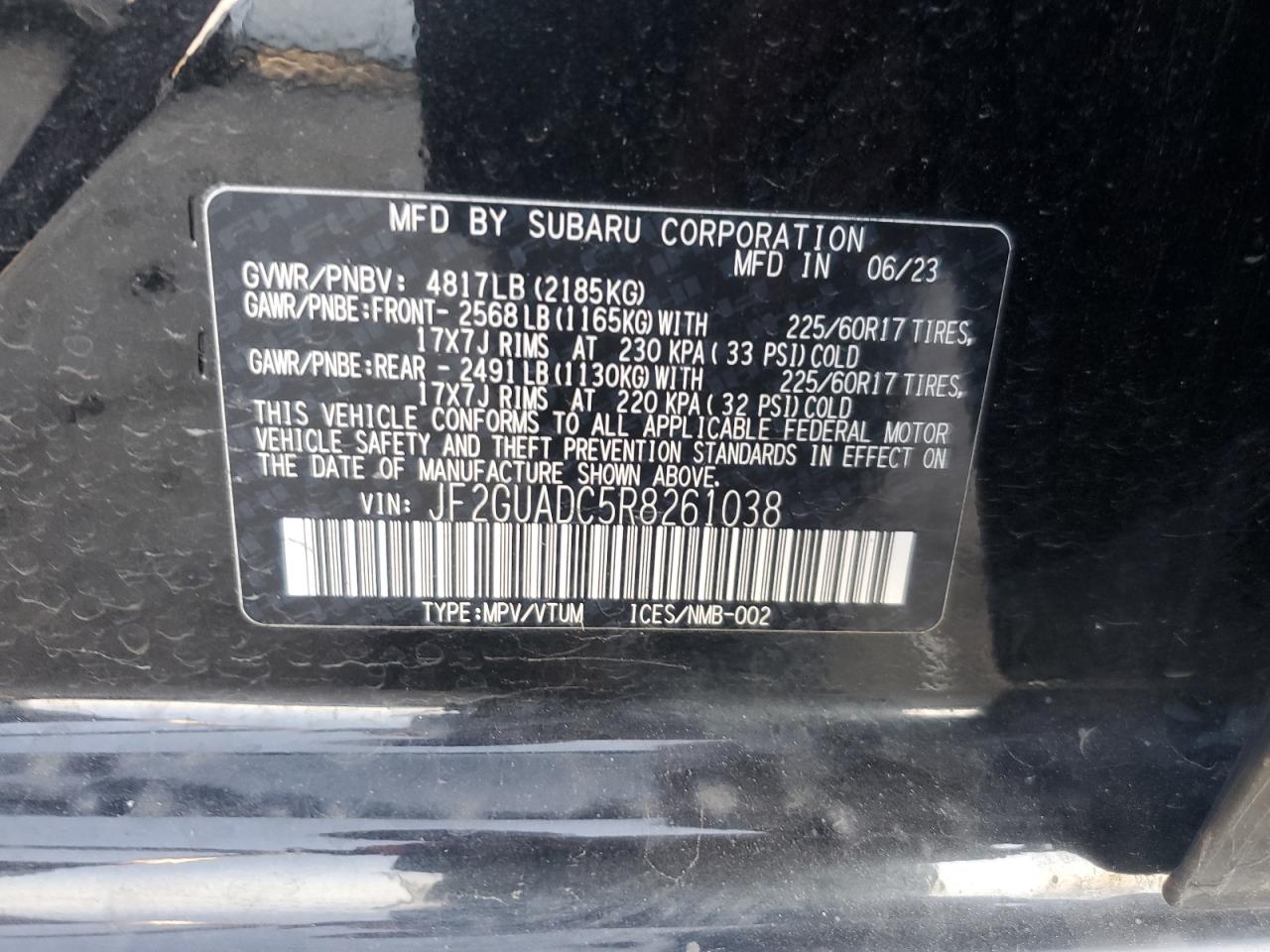 2024 SUBARU CROSSTREK PREMIUM VIN:JF2GUADC5R8261038