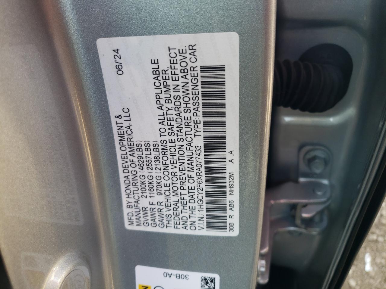 2024 HONDA ACCORD HYBRID EXL VIN:1HGCY2F6XRA077433