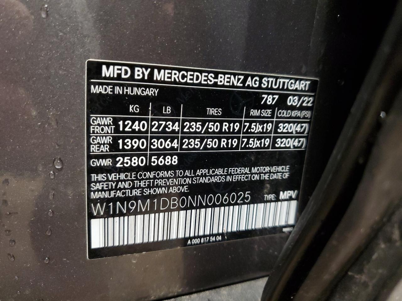 2022 MERCEDES-BENZ EQB 350 4MATIC VIN:W1N9M1DB0NN006025